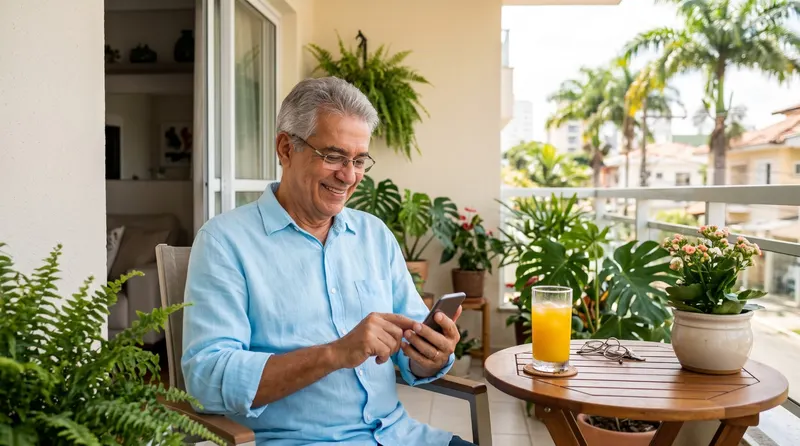Aposentado sorrindo enquanto confere o celular na varanda de casa, com plantas e um copo de suco na mesinha