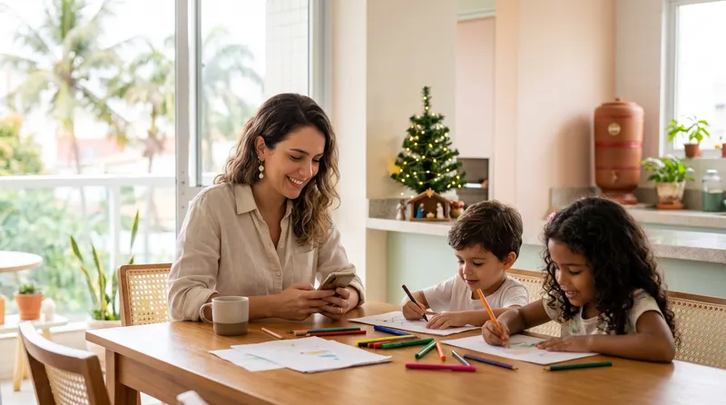 Mãe sorrindo enquanto confere o celular na mesa de casa, com os dois filhos desenhando ao lado e uma árvore de Natal ao fundo