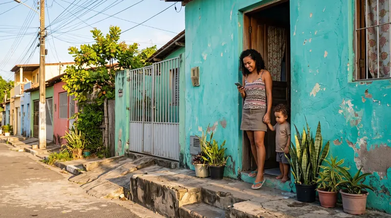 Mãe na porta de casa, numa rua de casas coloridas, olhando o celular e segurando a mão do filho pequeno