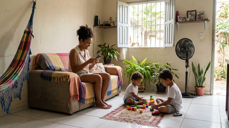Mãe sorrindo no sofá enquanto confere o celular, com os dois filhos brincando no chão da sala