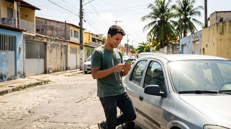 Jovem encostado num carro prata, numa rua de bairro em Natal, usando o celular para estudar para a CNH