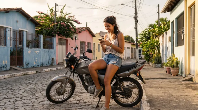 Jovem sentada numa moto, numa rua de casas coloridas no RN, sorrindo enquanto olha o celular