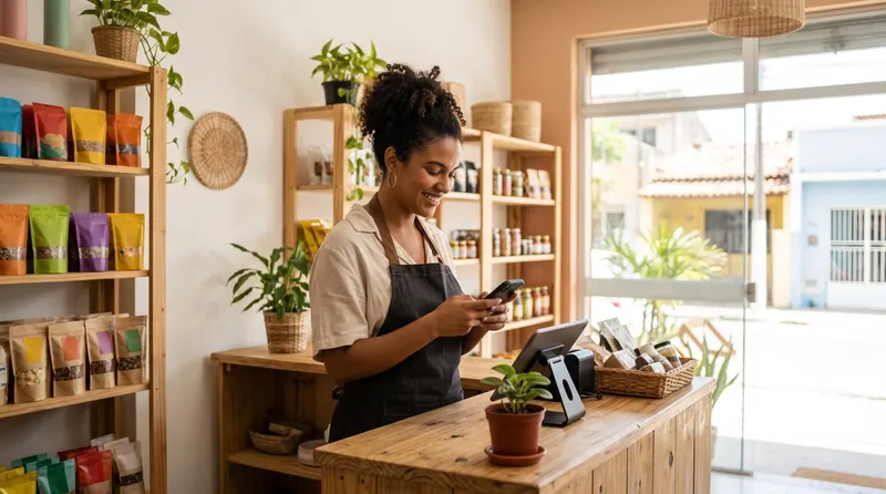 Microempreendedora sorrindo enquanto confere o celular no balcão da sua loja, com prateleiras de produtos ao fundo