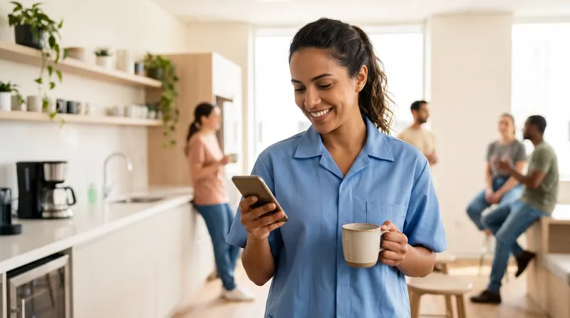 Trabalhadora de uniforme sorrindo enquanto olha o celular na copa do trabalho, com uma xícara de café na mão