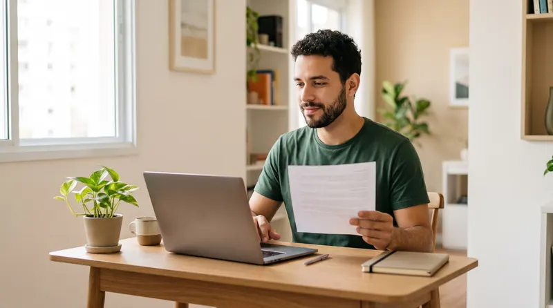 Homem segurando uma folha impressa enquanto usa o notebook numa mesa de casa
