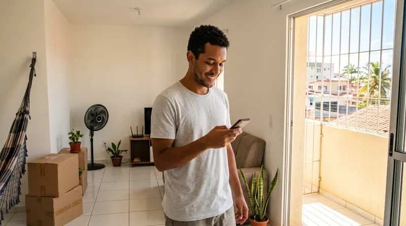 Jovem sorrindo enquanto olha o celular em pé na sala de um apartamento, com caixas de mudança ao lado