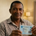 Cidadão adulto sorrindo e segurando a nova Carteira de Identidade Nacional (CIN) azul com QR Code na sala de sua casa.