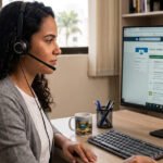Profissional de tecnologia com headset trabalhando em home office com notebook, analisando plataformas de vagas de emprego remoto no RN.